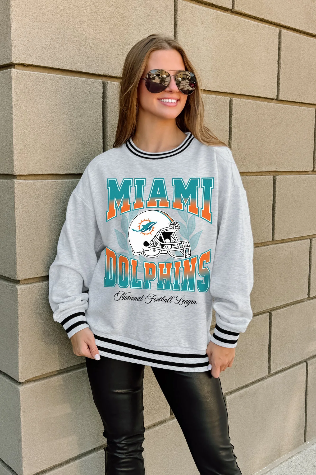 MIAMI DOLPHINS FADE ROUTE CREW FLEECE RINGER SWEATSHIRT - Image 3