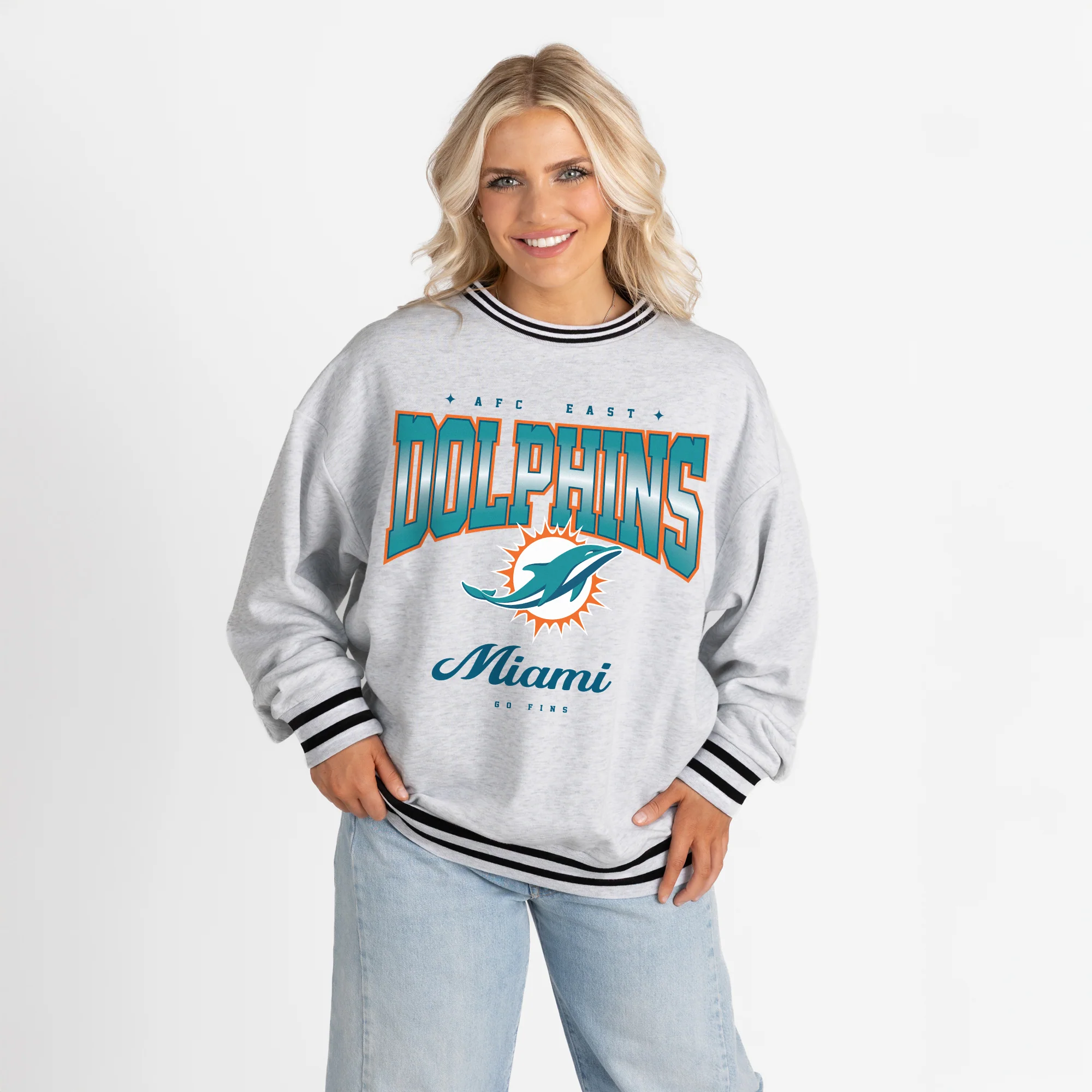 MIAMI DOLPHINS GRIDIRON DRIVE CREW FLEECE RINGER SWEATSHIRT