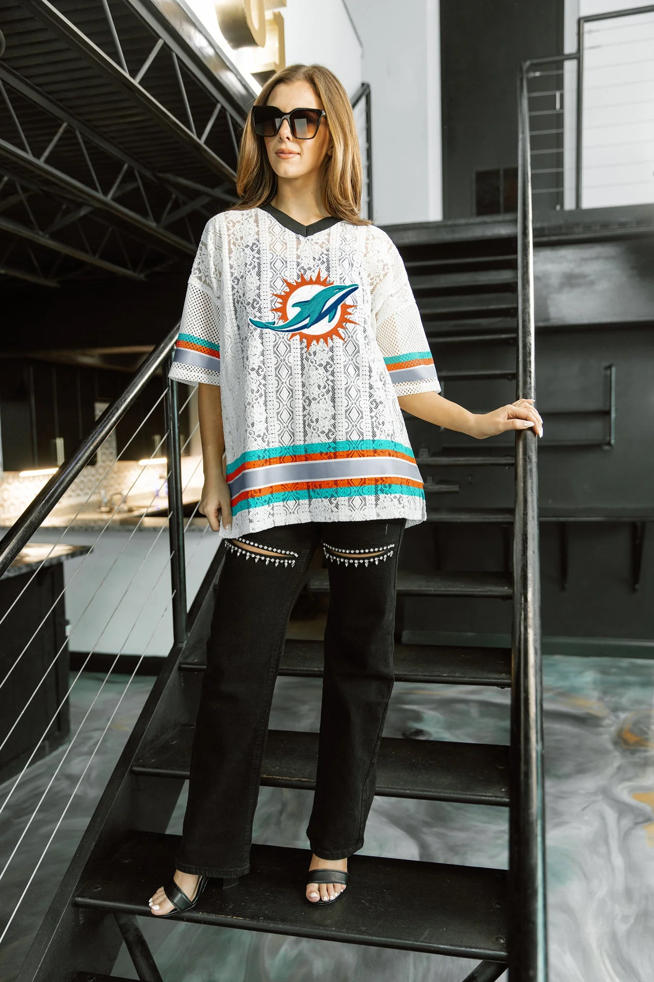 MIAMI DOLPHINS HIGH NOTE LACE FASHION TOP - Image 2