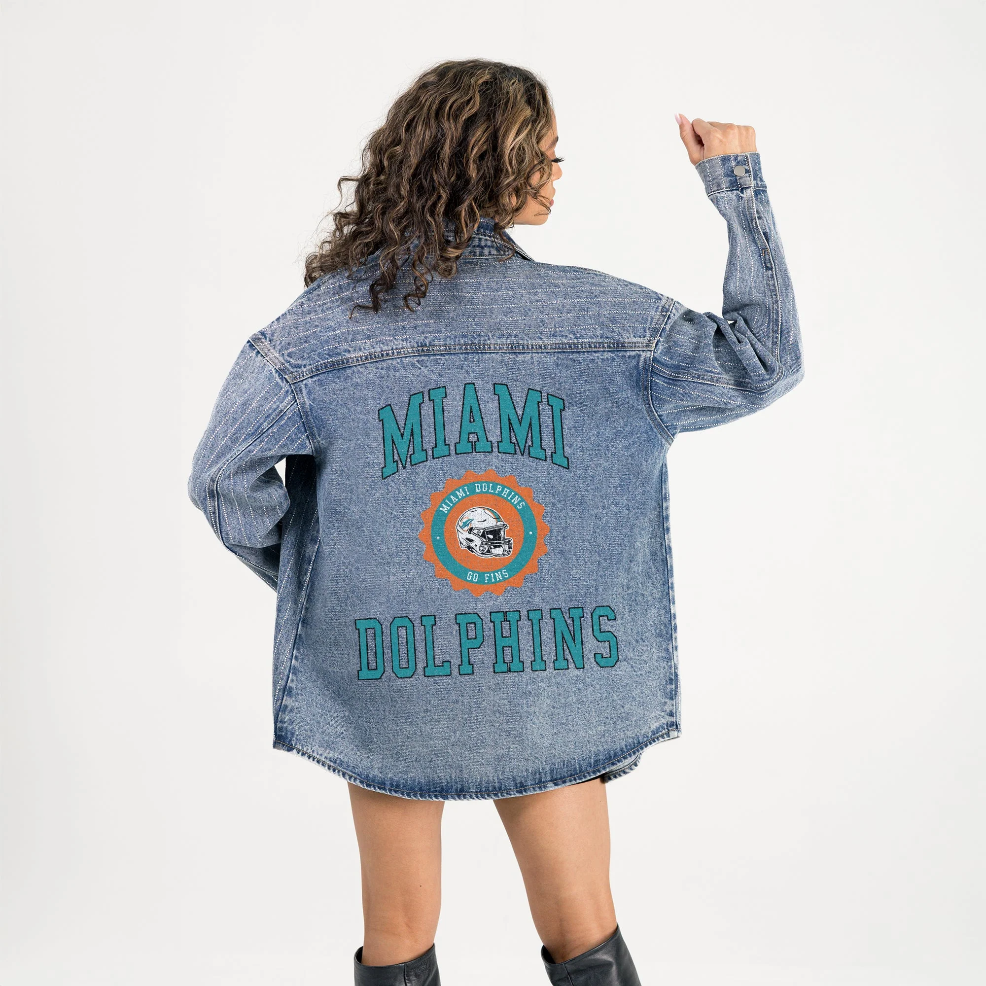 MIAMI DOLPHINS STYLE'S THE LIMIT MICRO-RHINESTONE DENIM OVERSHIRT - Image 6