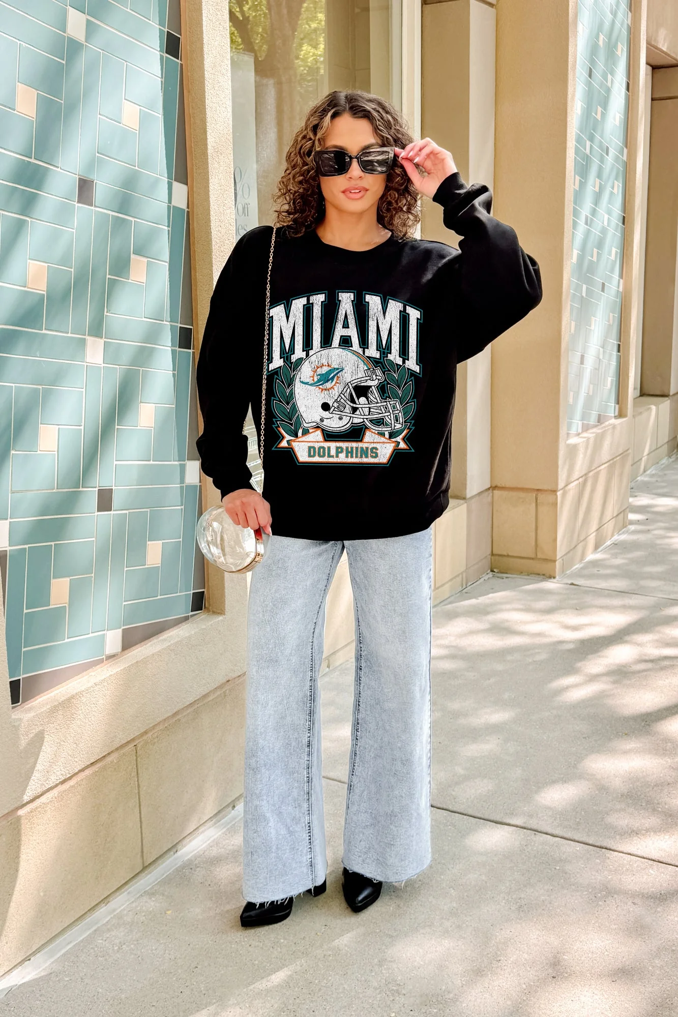 MIAMI DOLPHINS VICTORY LANE BLACK LABEL PREMIUM FLEECE CREW SWEATSHIRT