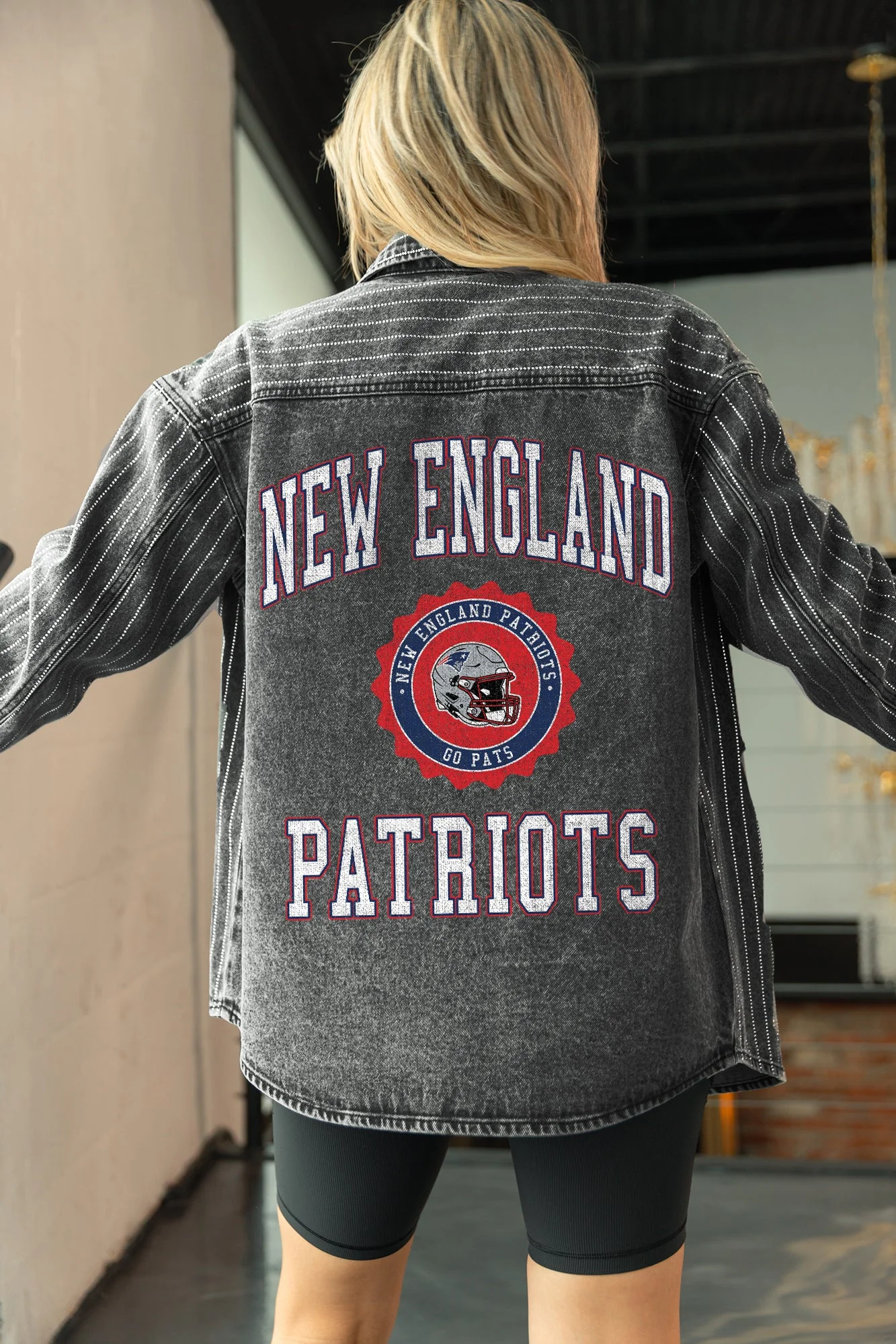 NEW ENGLAND PATRIOTS STYLE'S THE LIMIT MICRO-RHINESTONE DENIM OVERSHIRT IN BLACK - Image 4