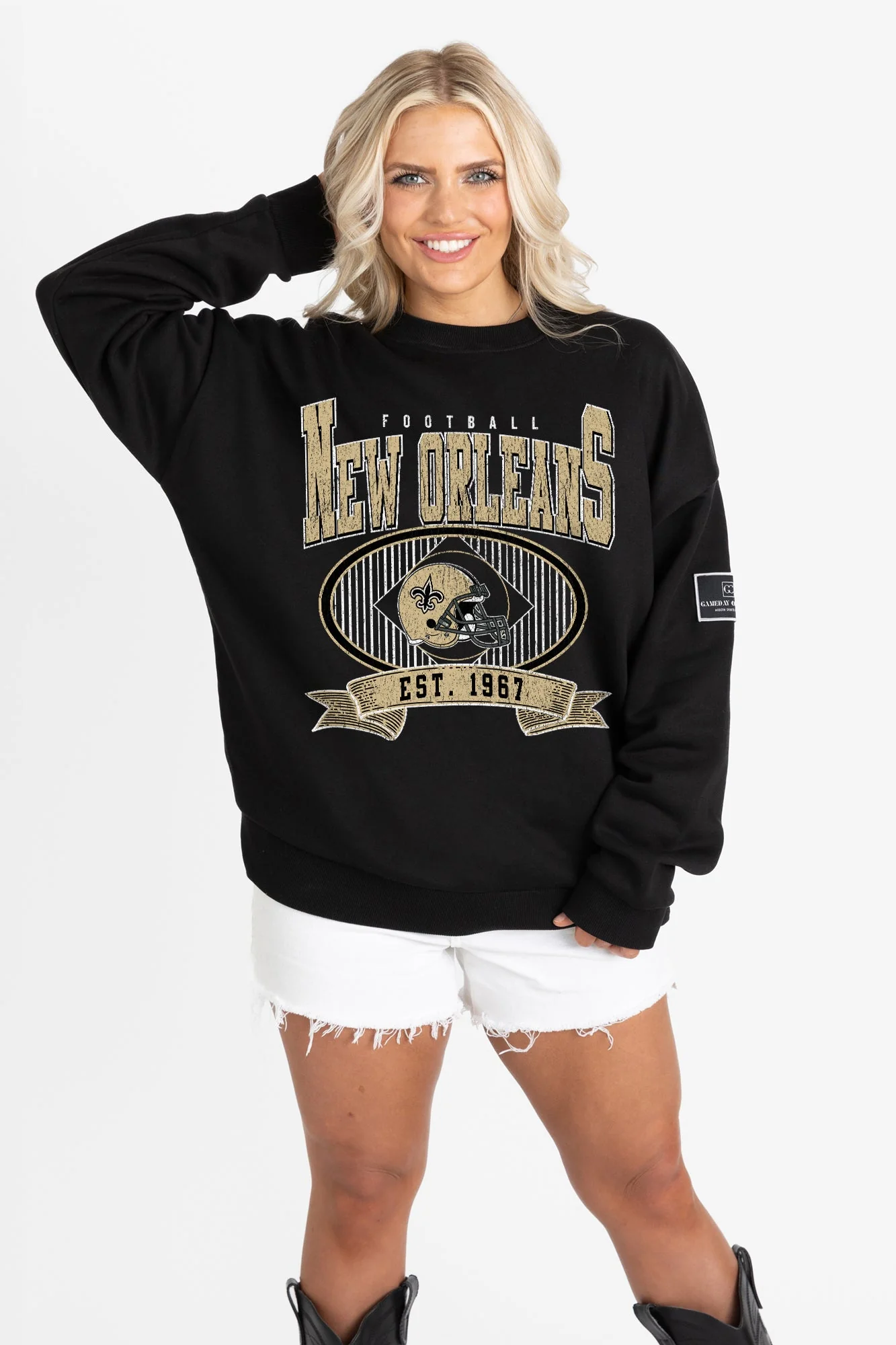 NEW ORLEANS SAINTS BOLD CHEERS BLACK LABEL PREMIUM FLEECE CREW SWEATSHIRT - Image 5