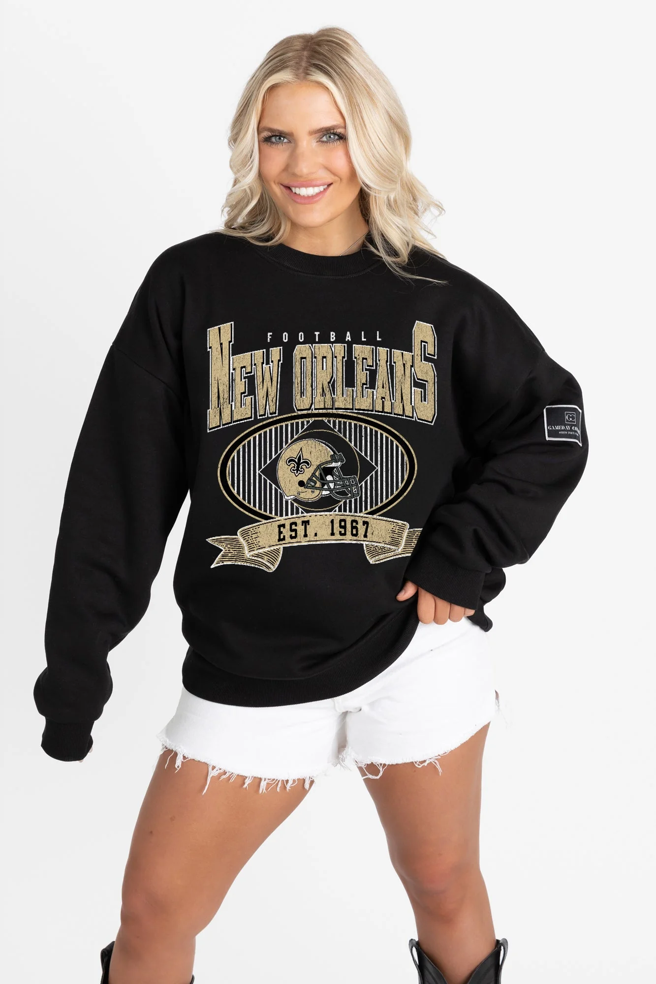 NEW ORLEANS SAINTS BOLD CHEERS BLACK LABEL PREMIUM FLEECE CREW SWEATSHIRT - Image 6