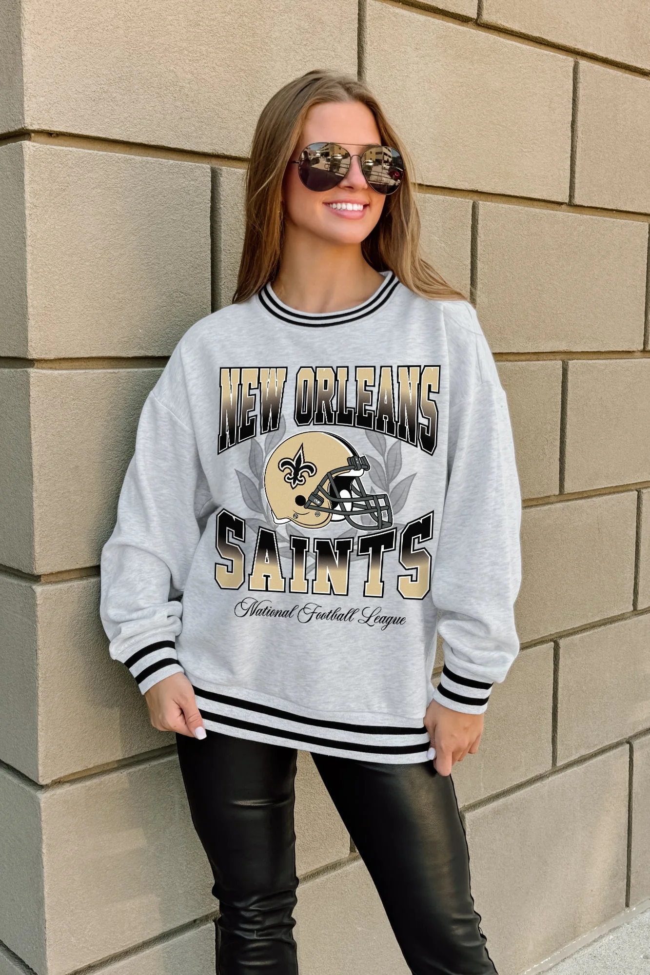 NEW ORLEANS SAINTS FADE ROUTE CREW FLEECE RINGER SWEATSHIRT - Image 3
