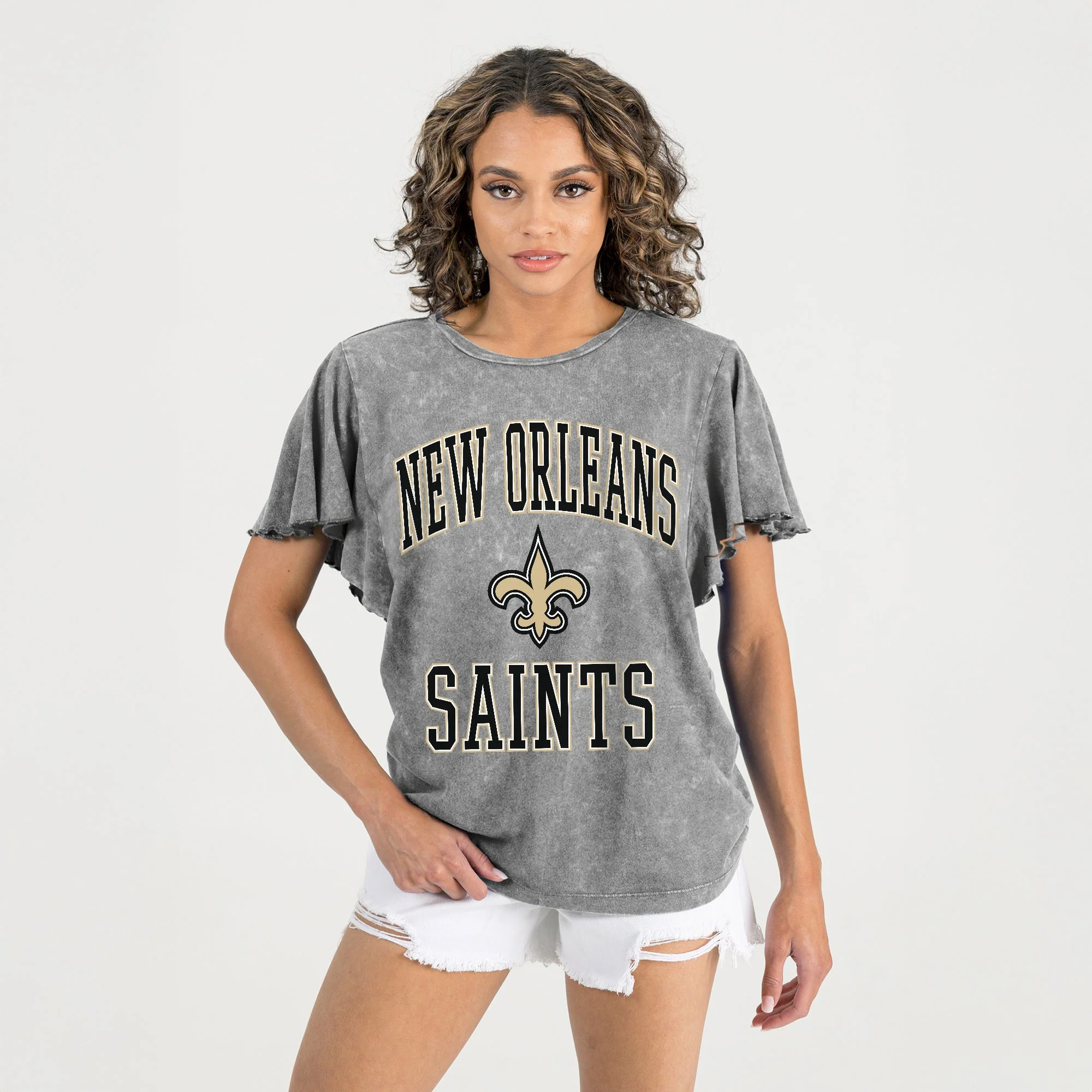 NEW ORLEANS SAINTS VICTORY MODE FLUTTER SLEEVE TEE IN GREY - Image 4