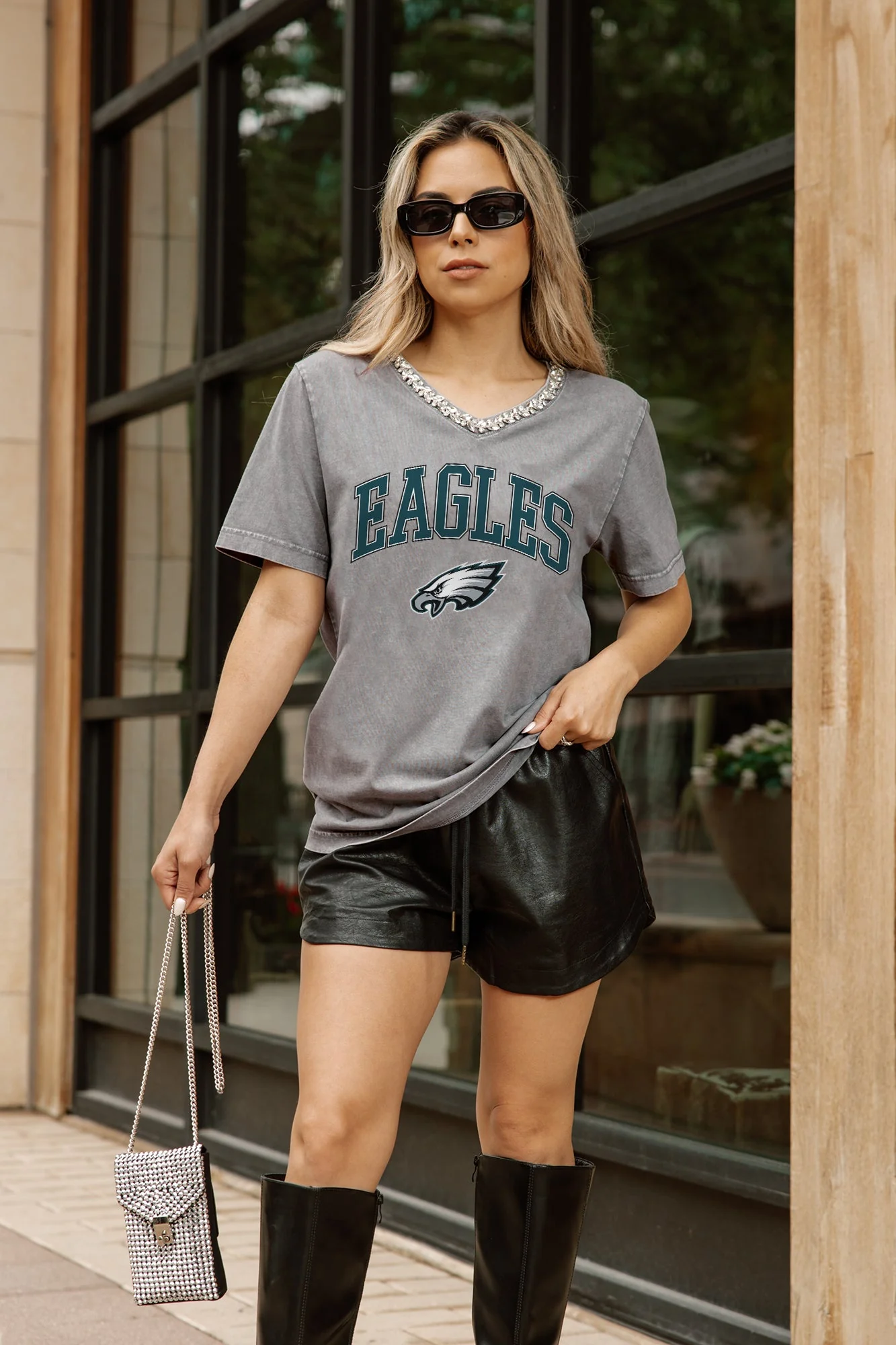 PHILADELPHIA EAGLES ICONIC EDGE RHINESTONE TRIM V-NECK TEE - Image 3
