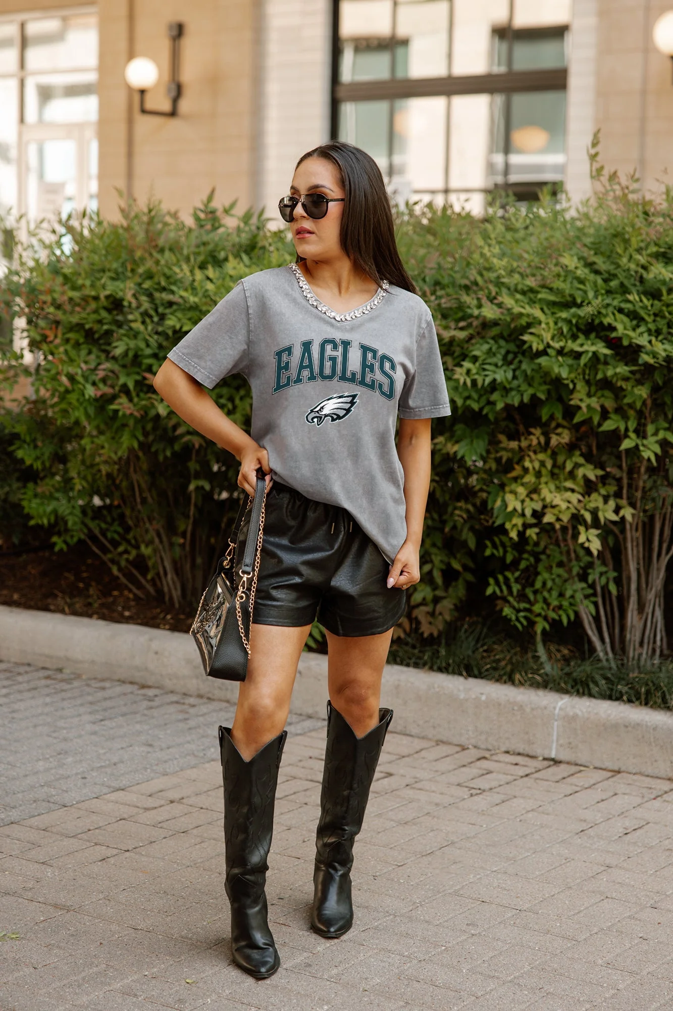 PHILADELPHIA EAGLES ICONIC EDGE RHINESTONE TRIM V-NECK TEE - Image 4