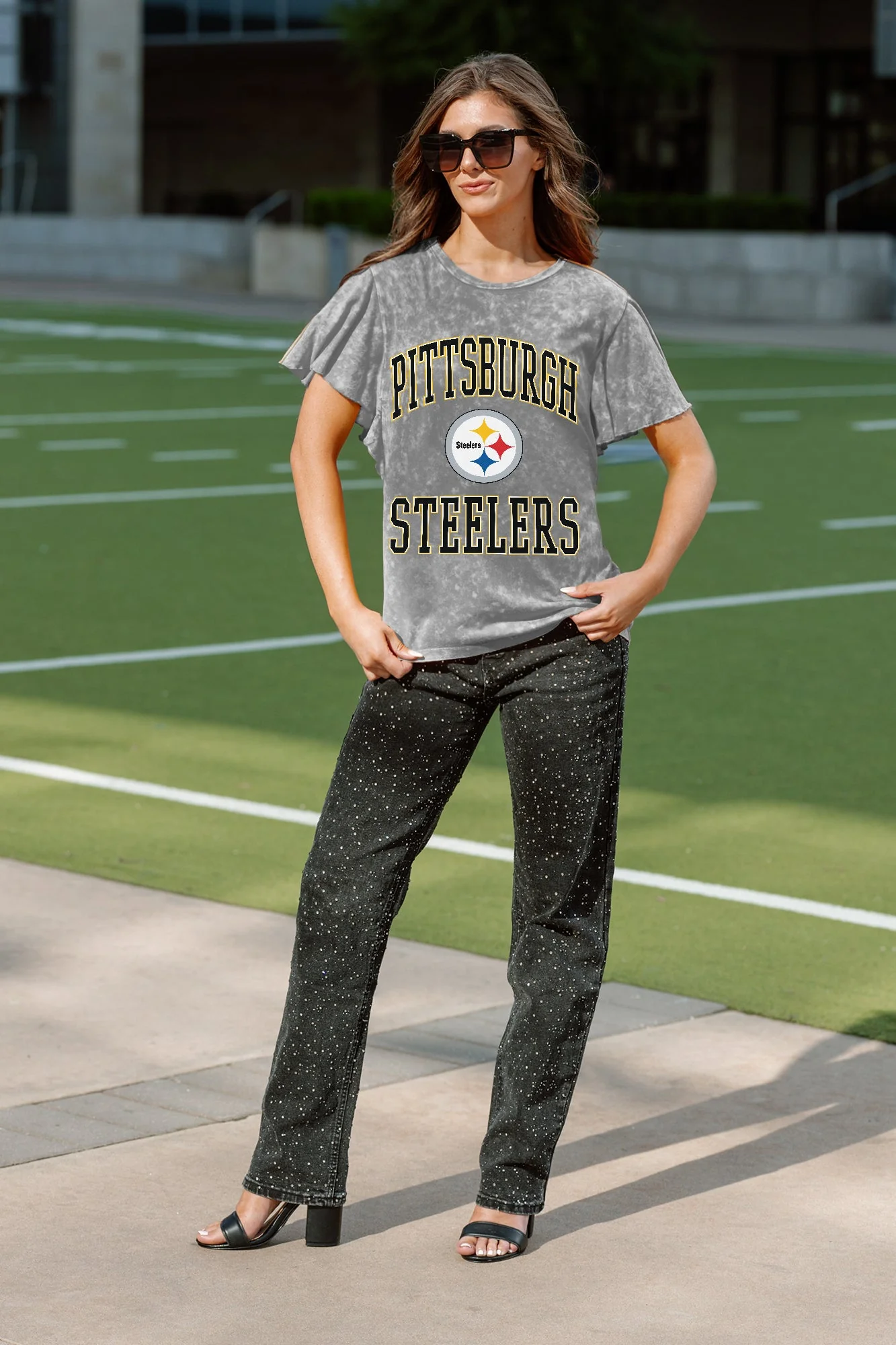 PITTSBURGH STEELERS VICTORY MODE FLUTTER SLEEVE TEE IN GREY - Image 2