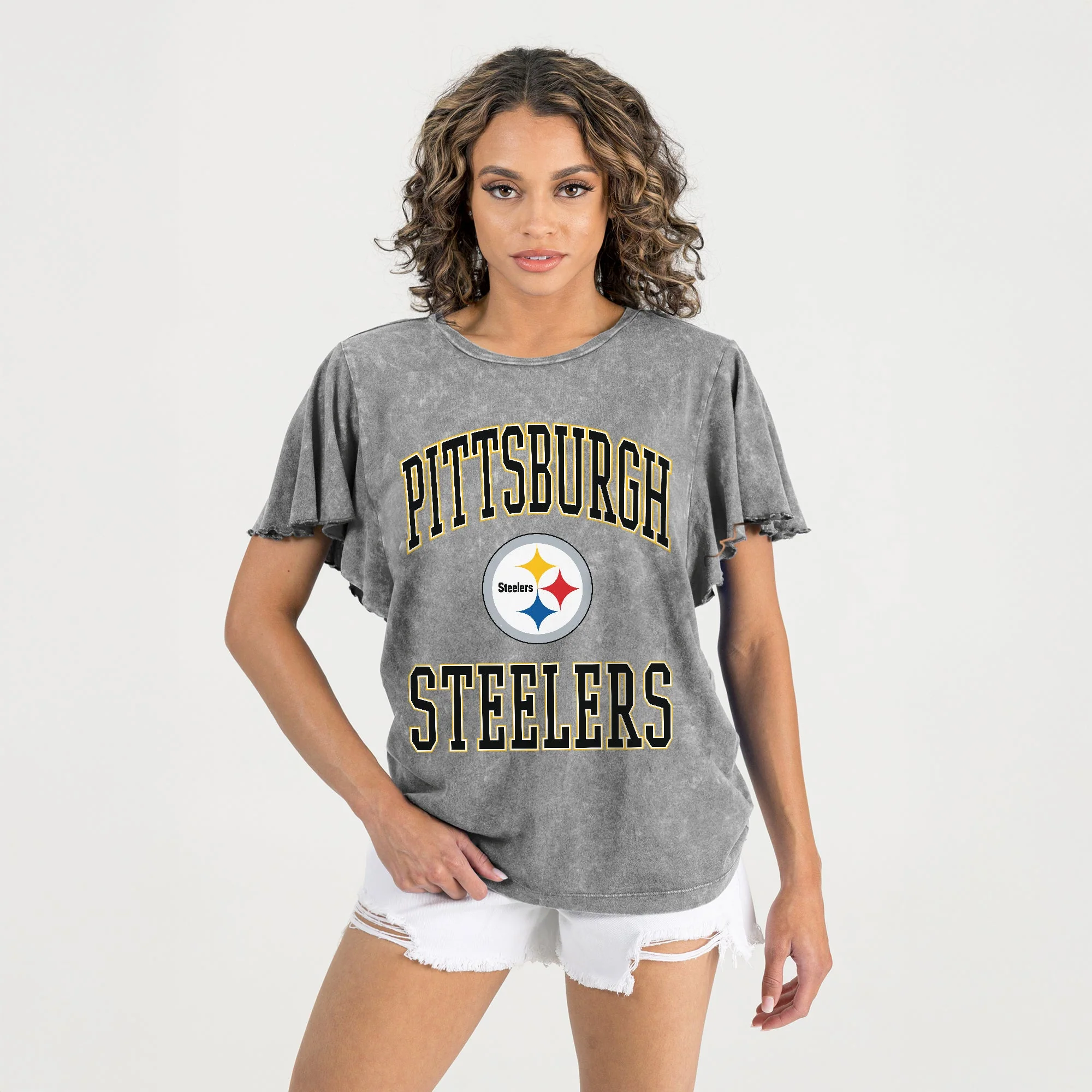 PITTSBURGH STEELERS VICTORY MODE FLUTTER SLEEVE TEE IN GREY - Image 4