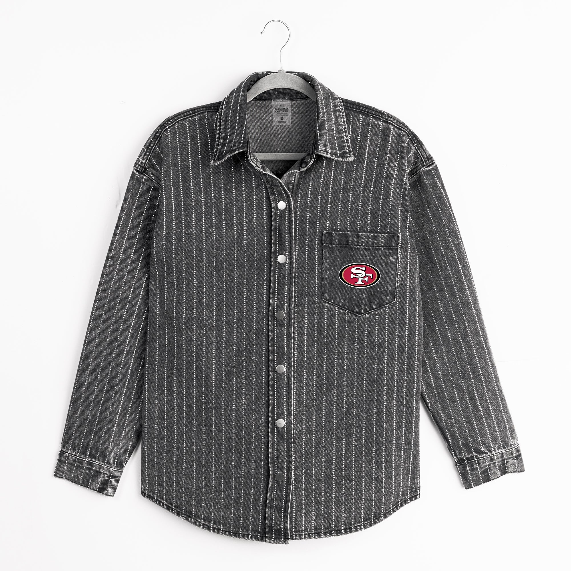 SAN FRANCISCO 49ERS STYLE'S THE LIMIT MICRO-RHINESTONE DENIM OVERSHIRT IN BLACK - Image 8