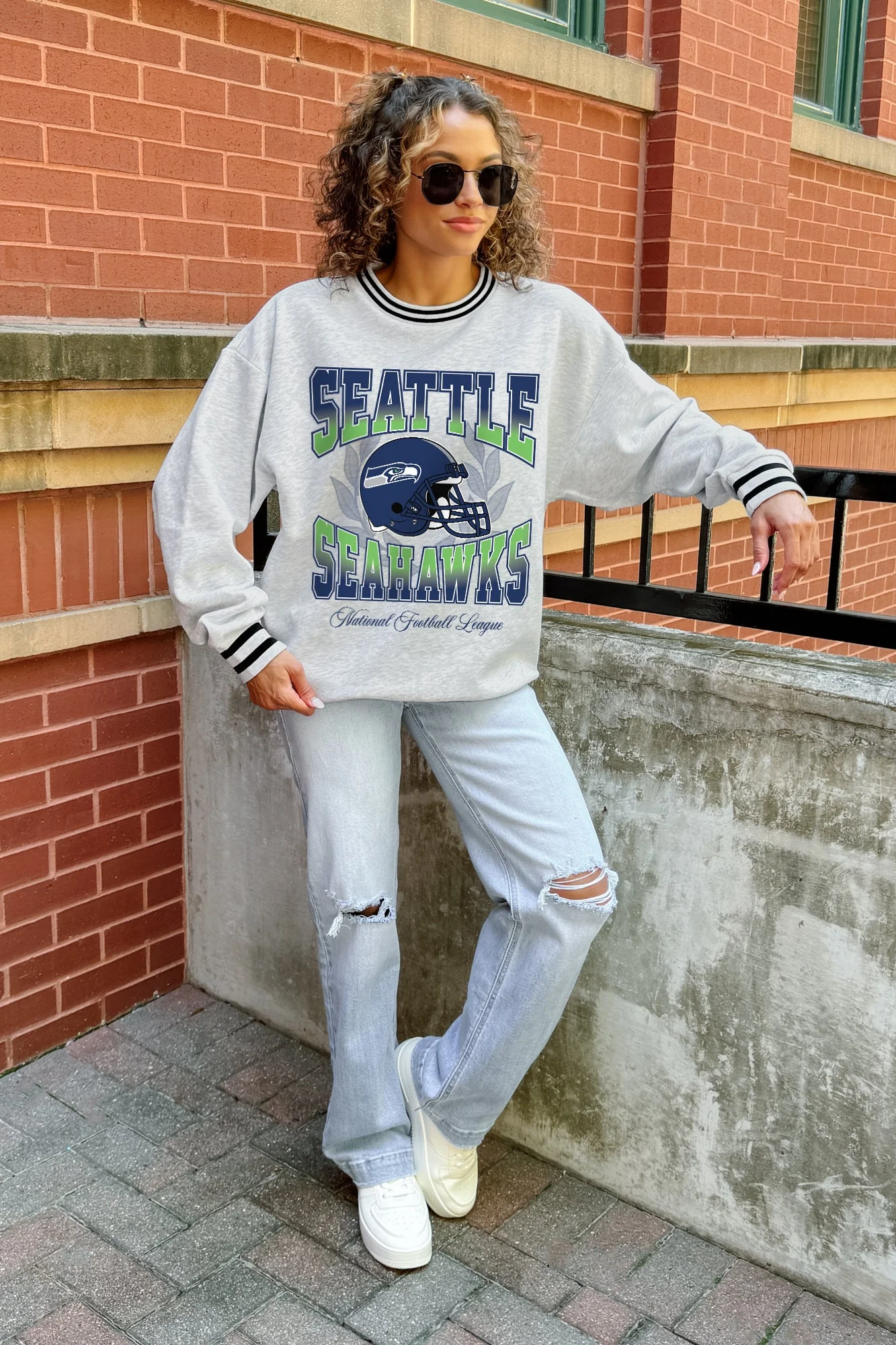 SEATTLE SEAHAWKS FADE ROUTE CREW FLEECE RINGER SWEATSHIRT - Image 2