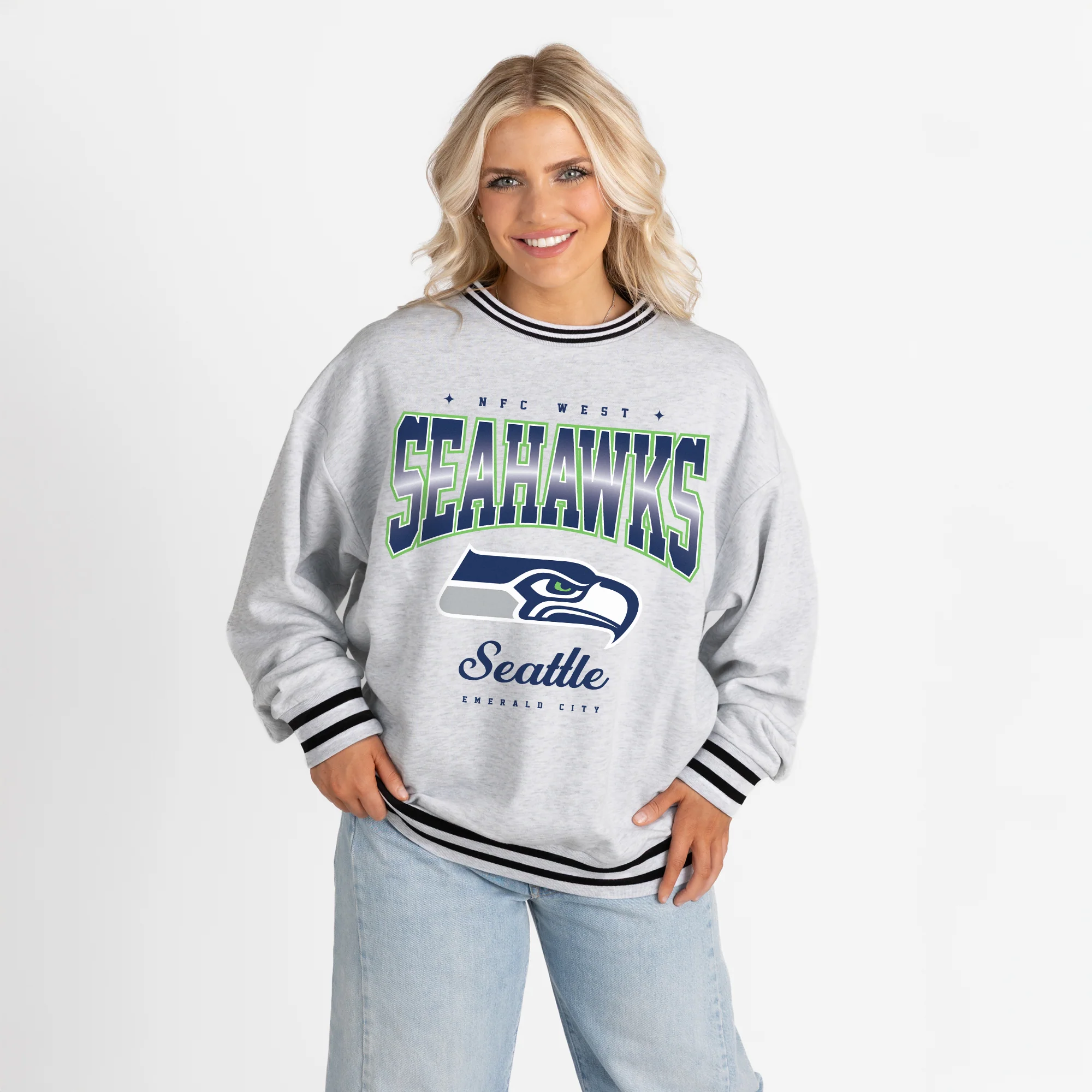 SEATTLE SEAHAWKS GRIDIRON DRIVE CREW FLEECE RINGER SWEATSHIRT