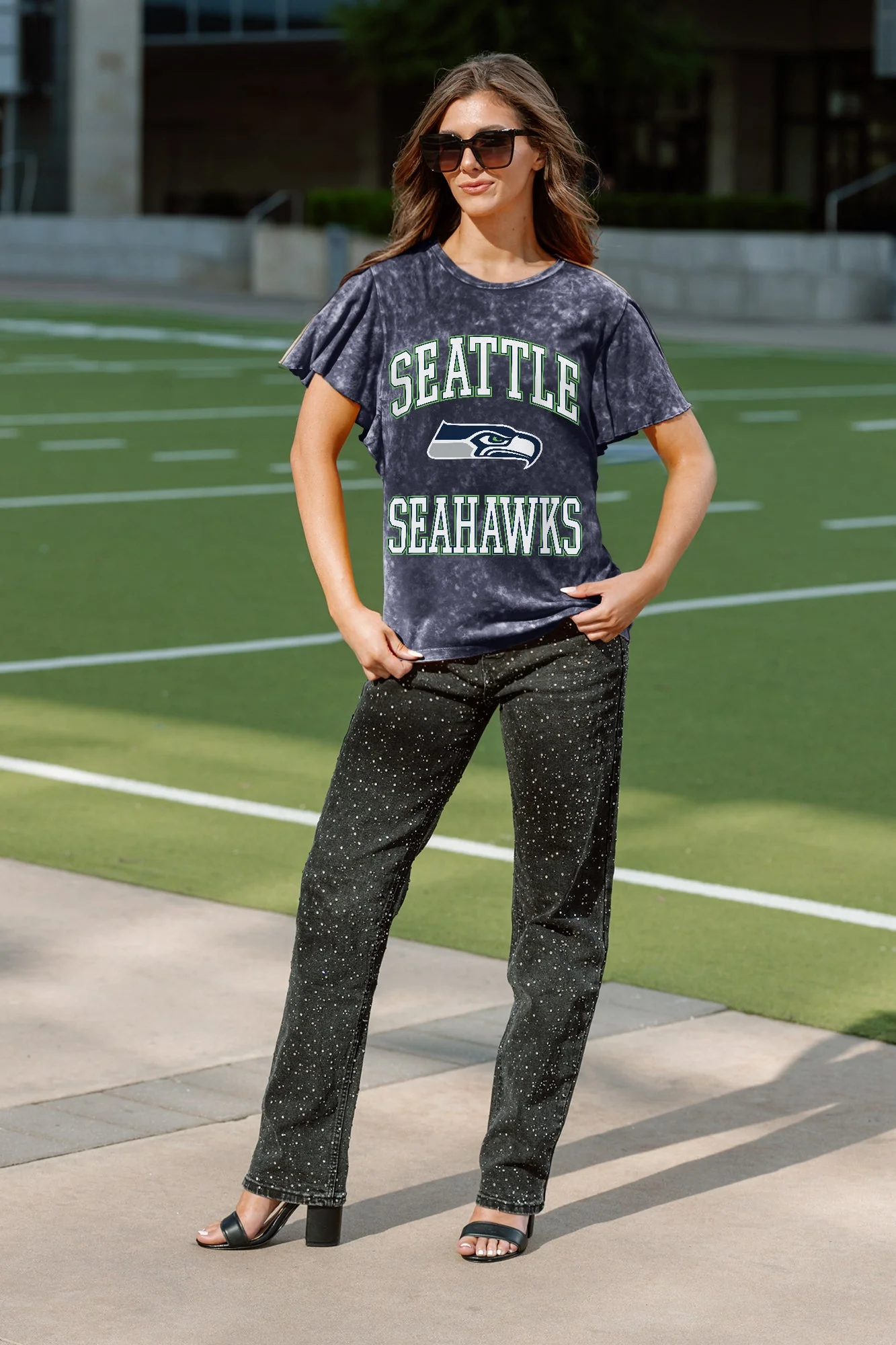 SEATTLE SEAHAWKS VICTORY MODE FLUTTER SLEEVE TEE IN NAVY - Image 2