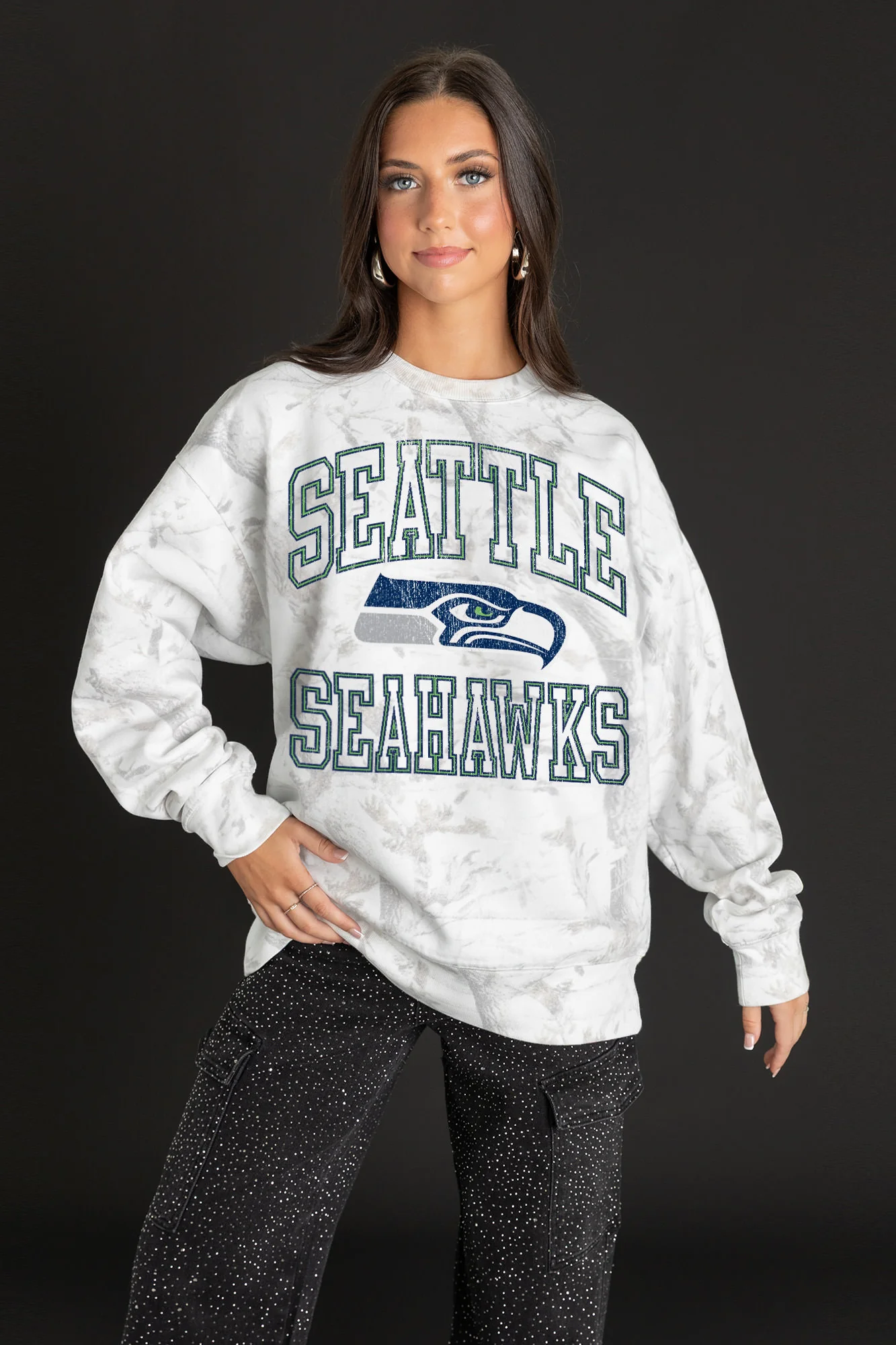 SEATTLE SEAHAWKS WHITEOUT PREMIUM DROP SHOULDER CAMO PULLOVER