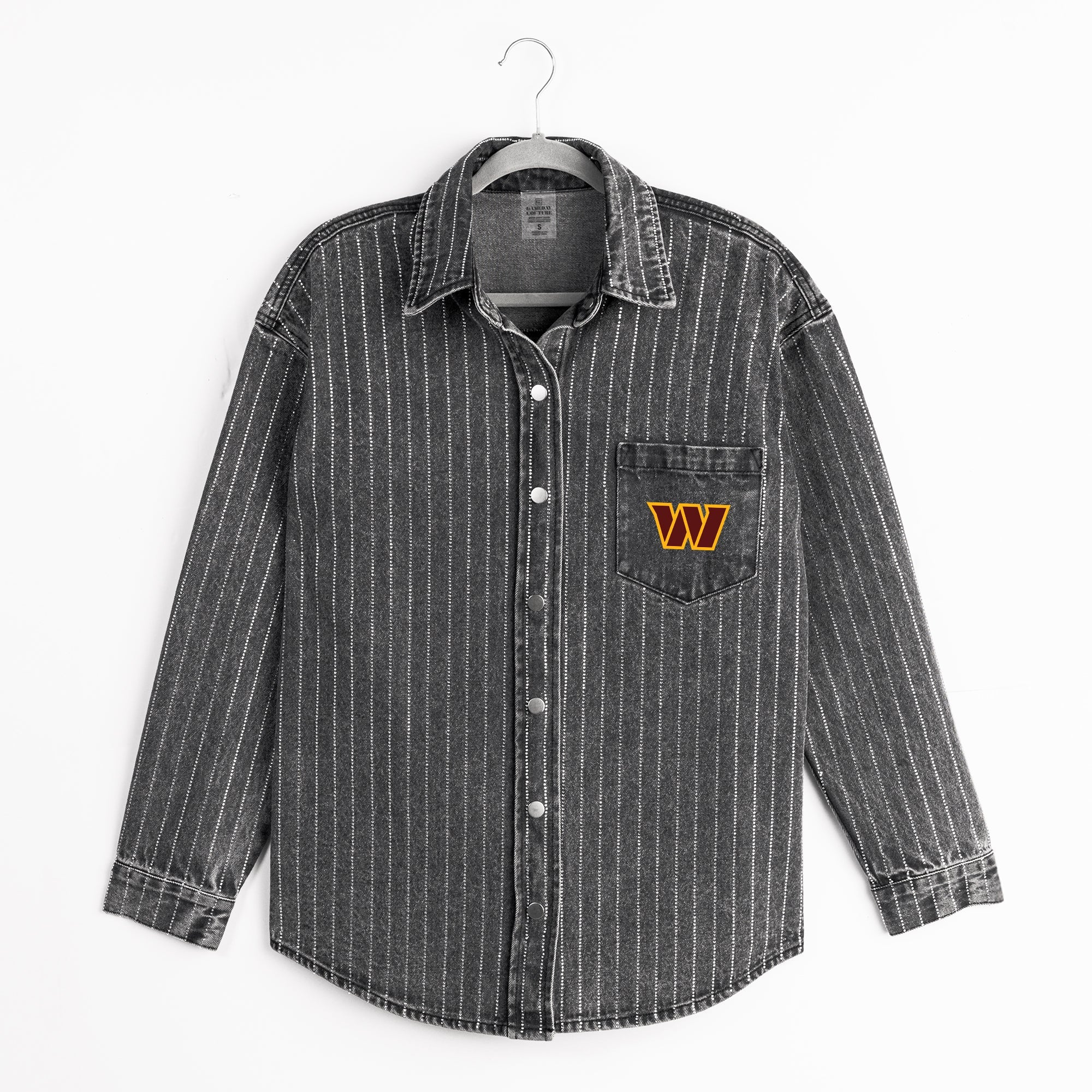 WASHINGTON COMMANDERS STYLE'S THE LIMIT MICRO-RHINESTONE DENIM OVERSHIRT IN BLACK - Image 8