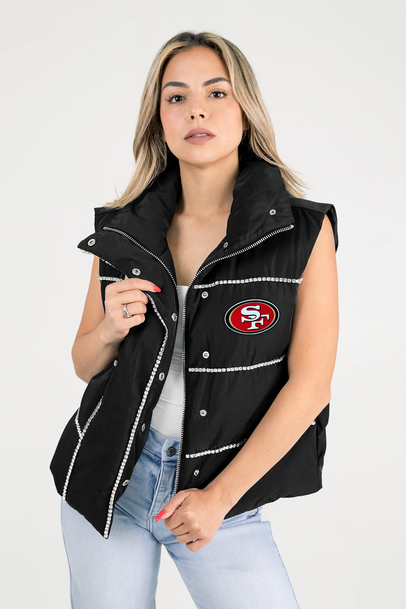 SAN FRANCISCO 49ERS MAKE IT SHINE RHINESTONE DETAIL PUFFER VEST BY RANDI MAHOMES