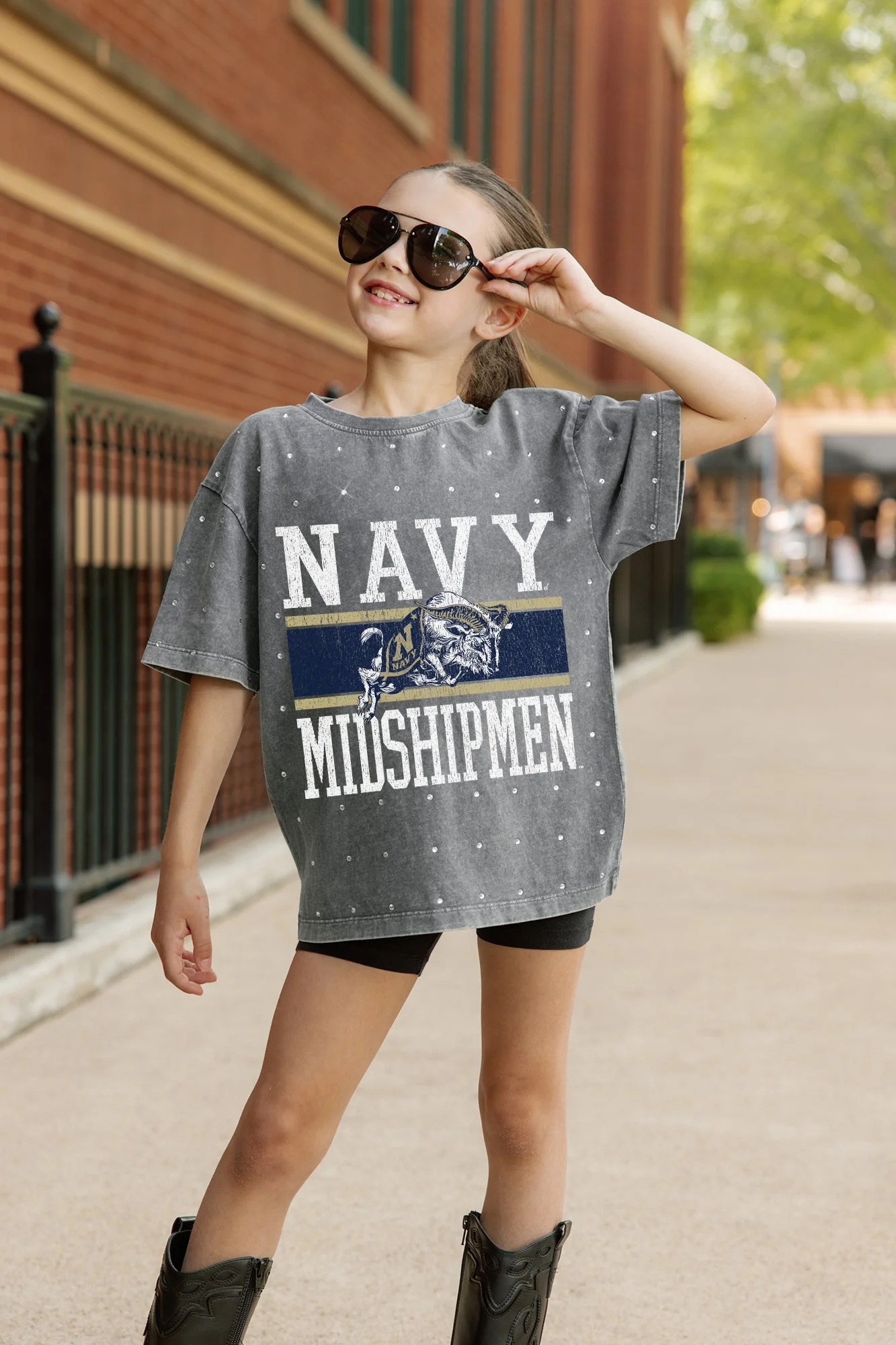 US NAVY MIDSHIPMEN ON THE BALL KIDS MINI RHINESTONE OVERSIZED TEE